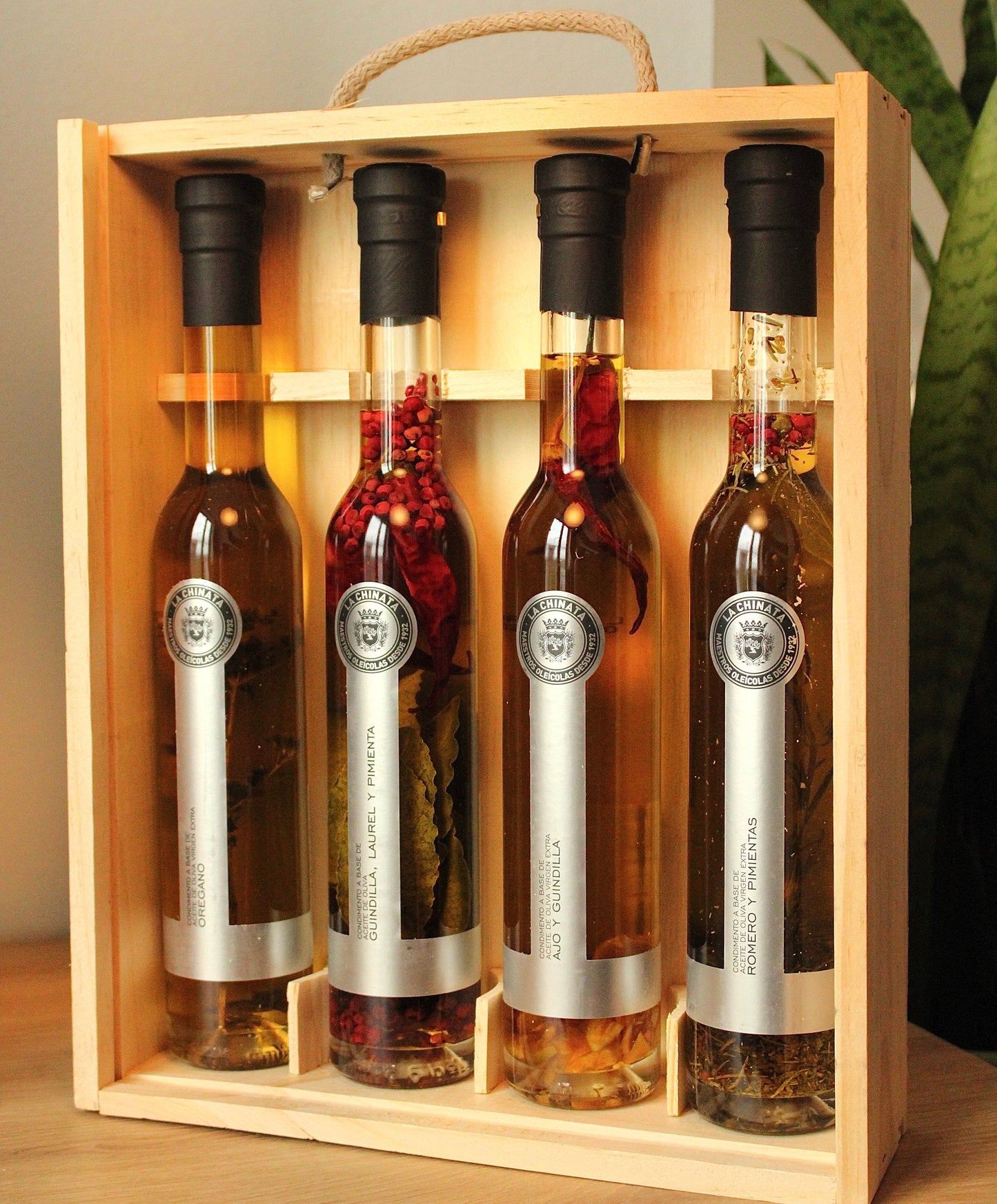 4 Flavoured Extra Virgin Olive Oil Wooden Case